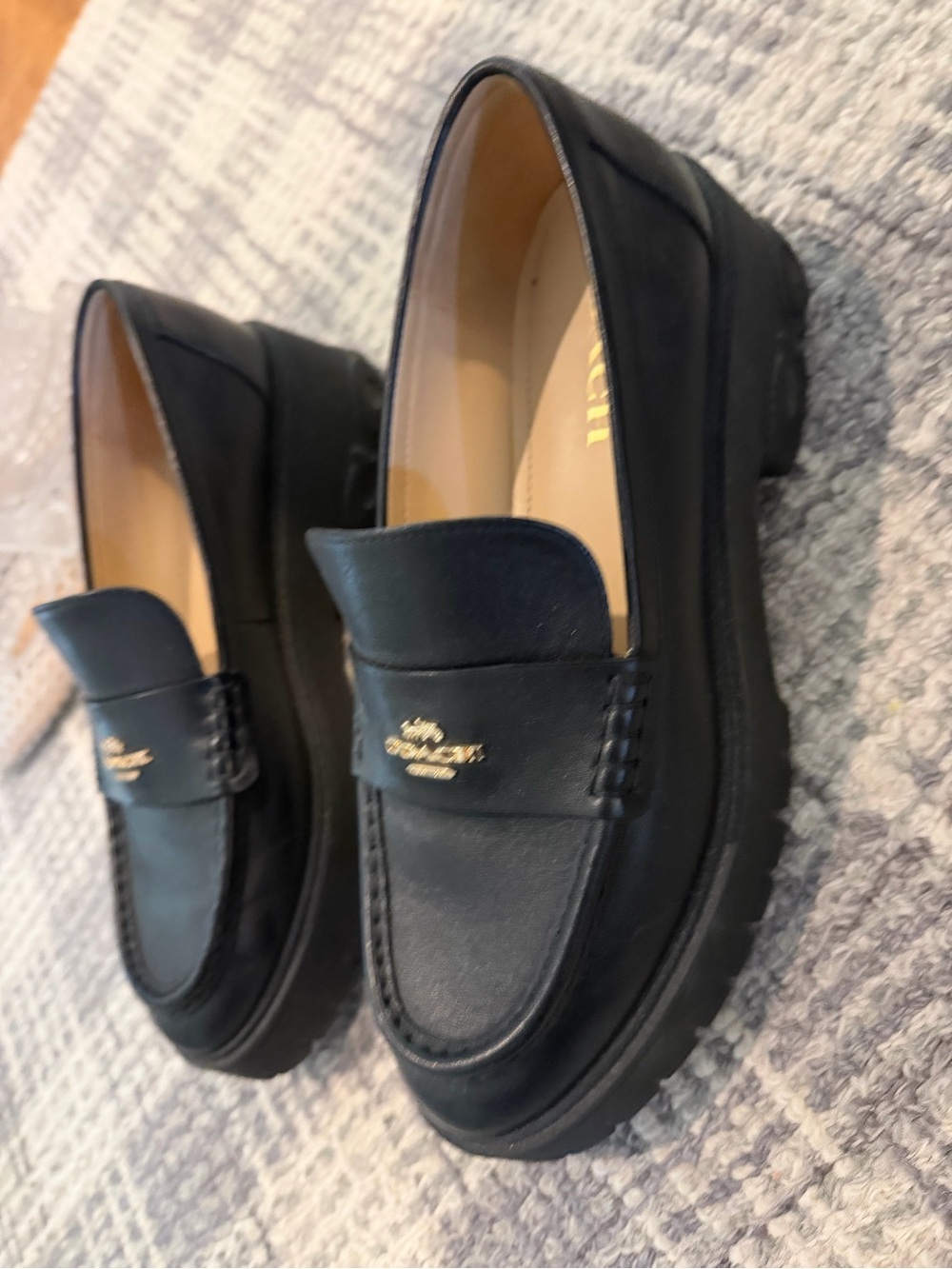 Coach Black Leather Slip-On Penny Loafers with Gold Logo - Picture 3 of 7